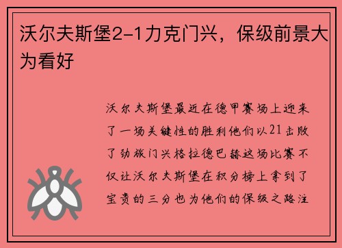 沃尔夫斯堡2-1力克门兴，保级前景大为看好