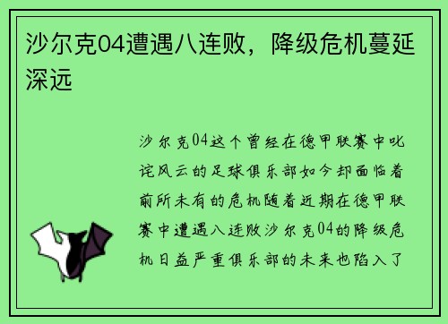沙尔克04遭遇八连败，降级危机蔓延深远